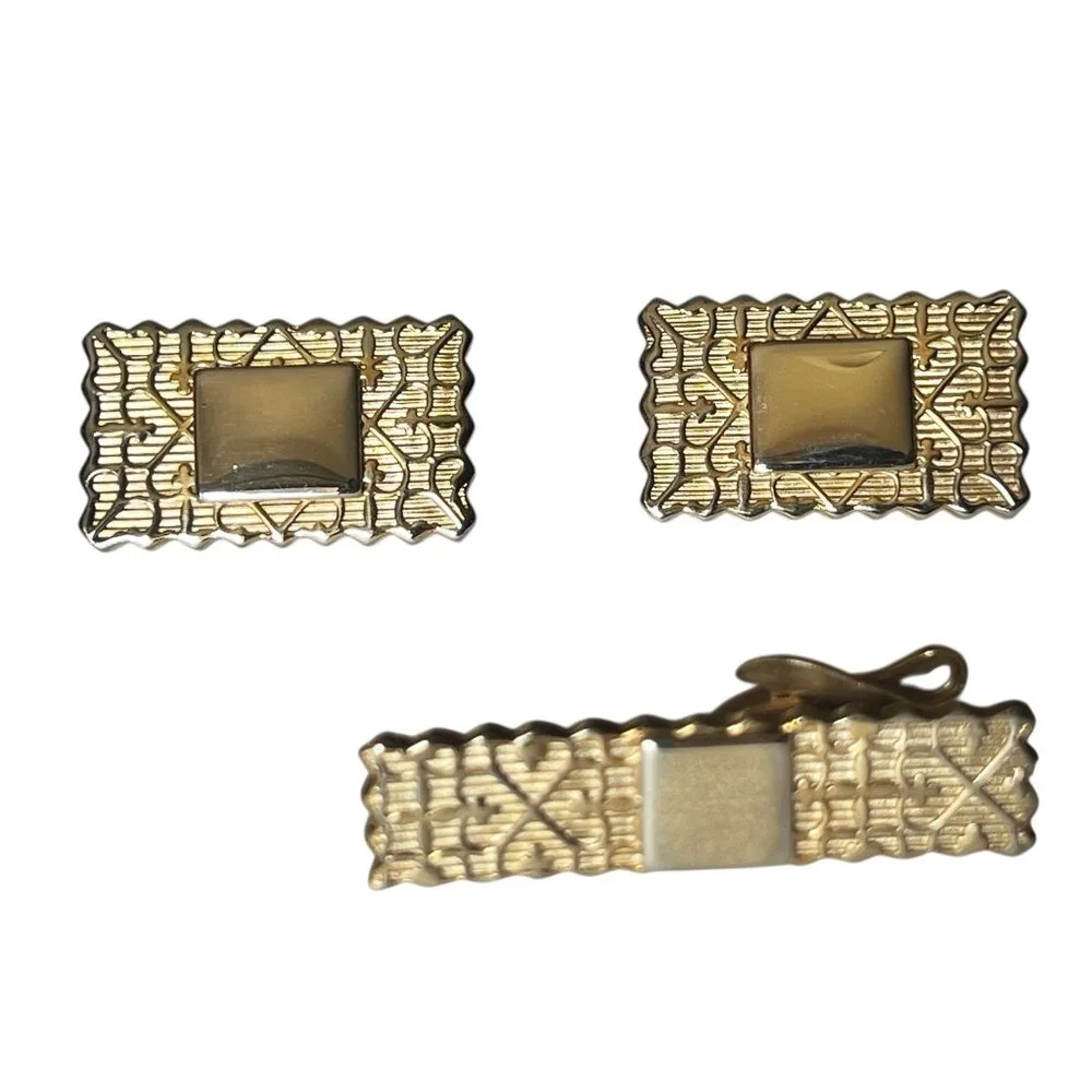 Vintage Gold-Tone Cufflinks & Tie Clip Set With Fleur De Lis & Heart Scroll Desi